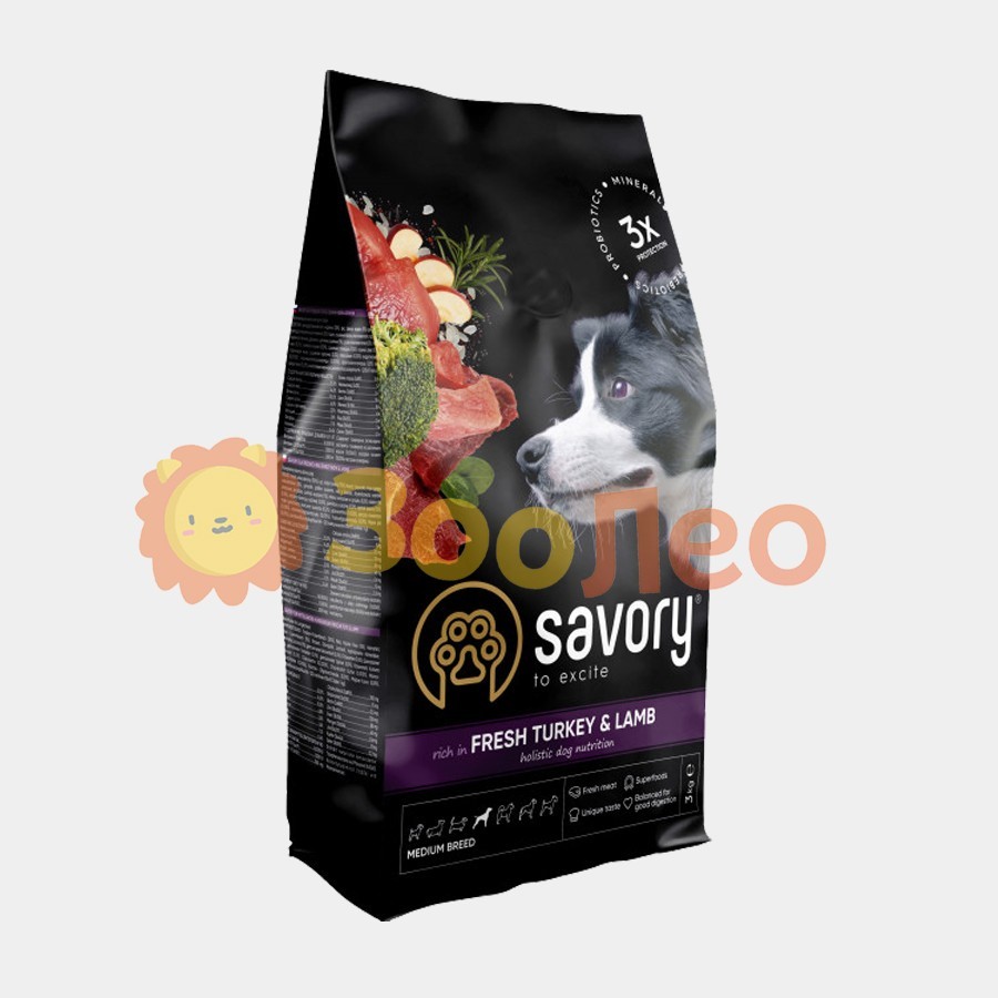 

Сухой корм для собак средних пород Savory со свежим мясом индейки и ягненка 3 кг