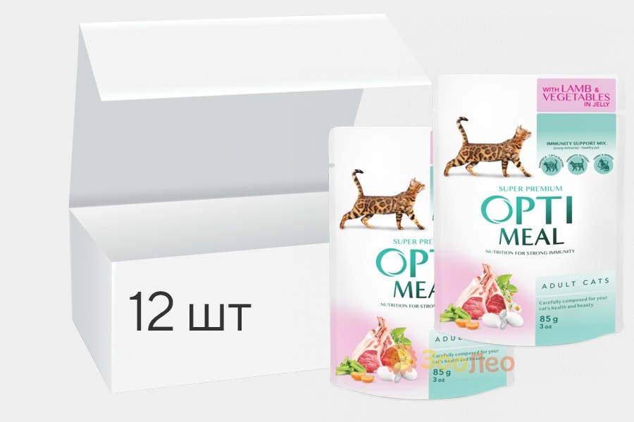 

Упаковка влажного корма для взрослых кошек Optimeal со вкусом ягненка и овощей 85 г 12 шт