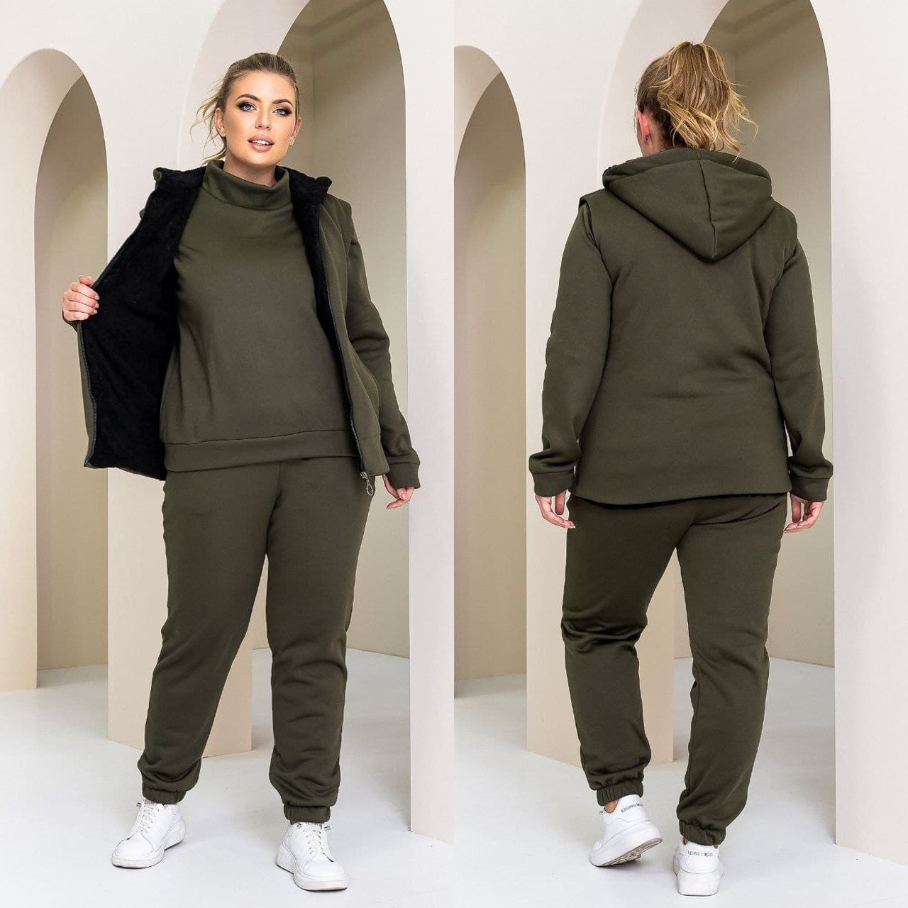 

Женский тёплый cпортивный костюм-тройка XL-2XL (-) хаки, Женский тёплый cпортивный костюм-тройка XL-2XL (52-54) хаки