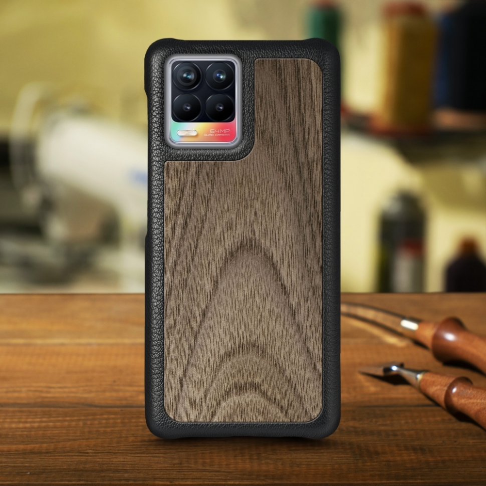

Кожаная накладка Stenk WoodBacker для Realme 8 Чёрная