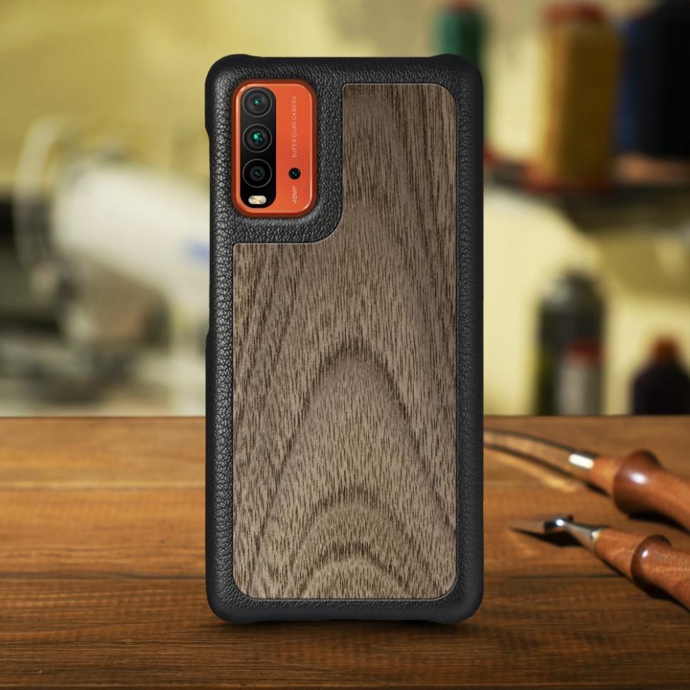 

Кожаная накладка Stenk WoodBacker для Xiaomi Redmi 9T Чёрная