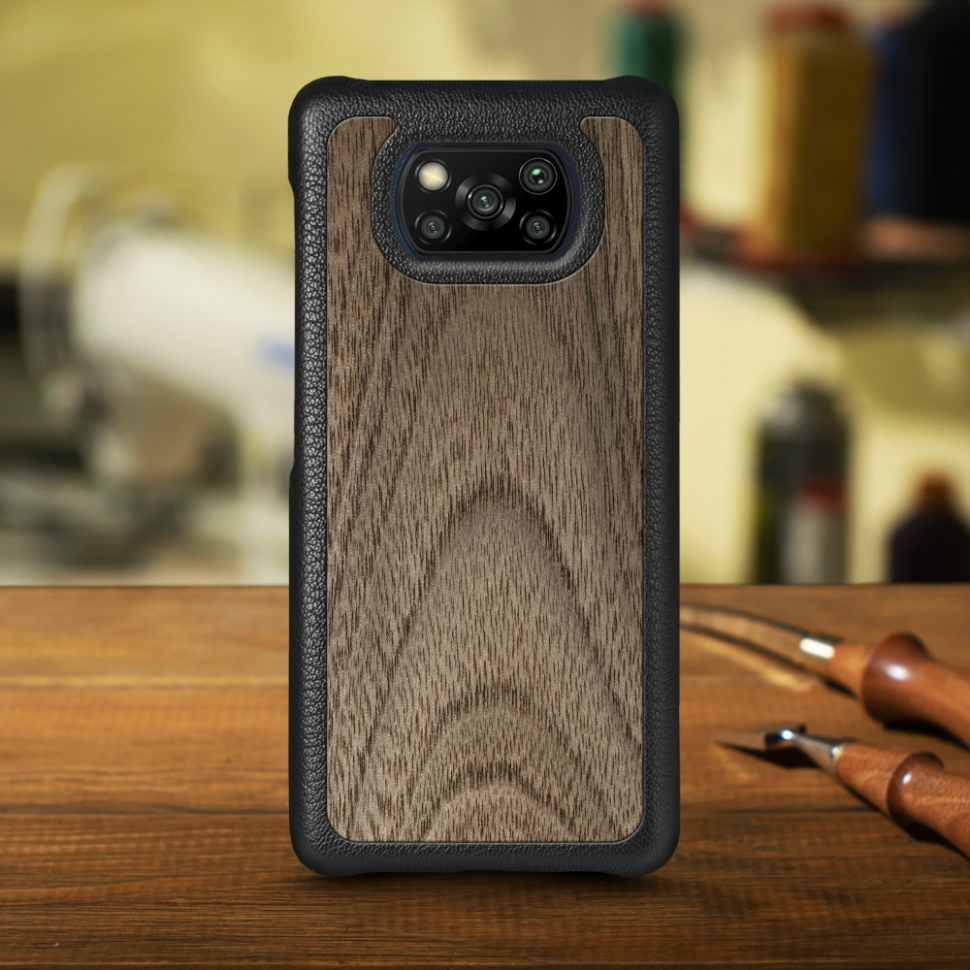 

Кожаная накладка Stenk WoodBacker для Xiaomi Poco X3 Чёрная