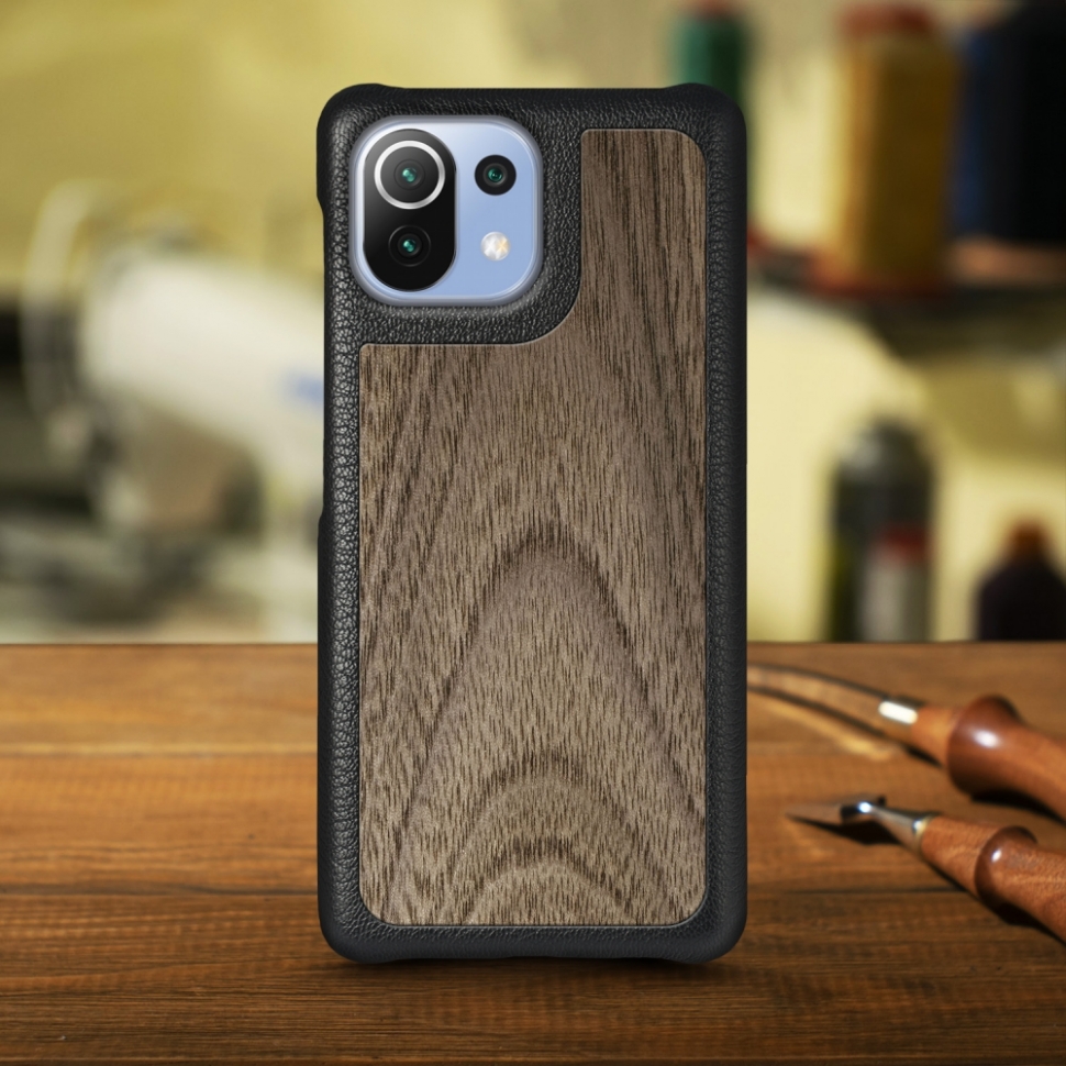 

Кожаная накладка Stenk WoodBacker для Xiaomi Mi 11 Lite Чёрная