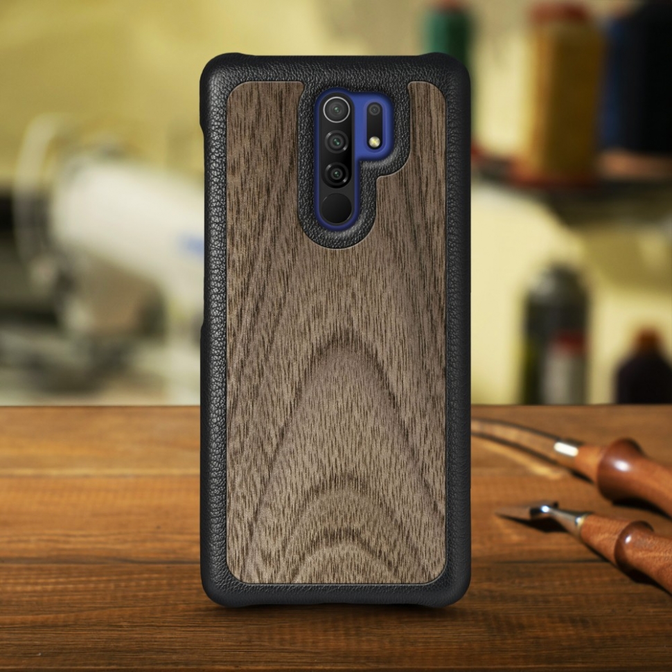 

Кожаная накладка Stenk WoodBacker для Xiaomi Redmi 9 Чёрная