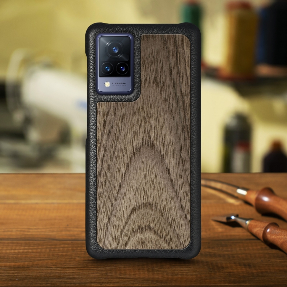 

Кожаная накладка Stenk WoodBacker для Vivo V21 Чёрная