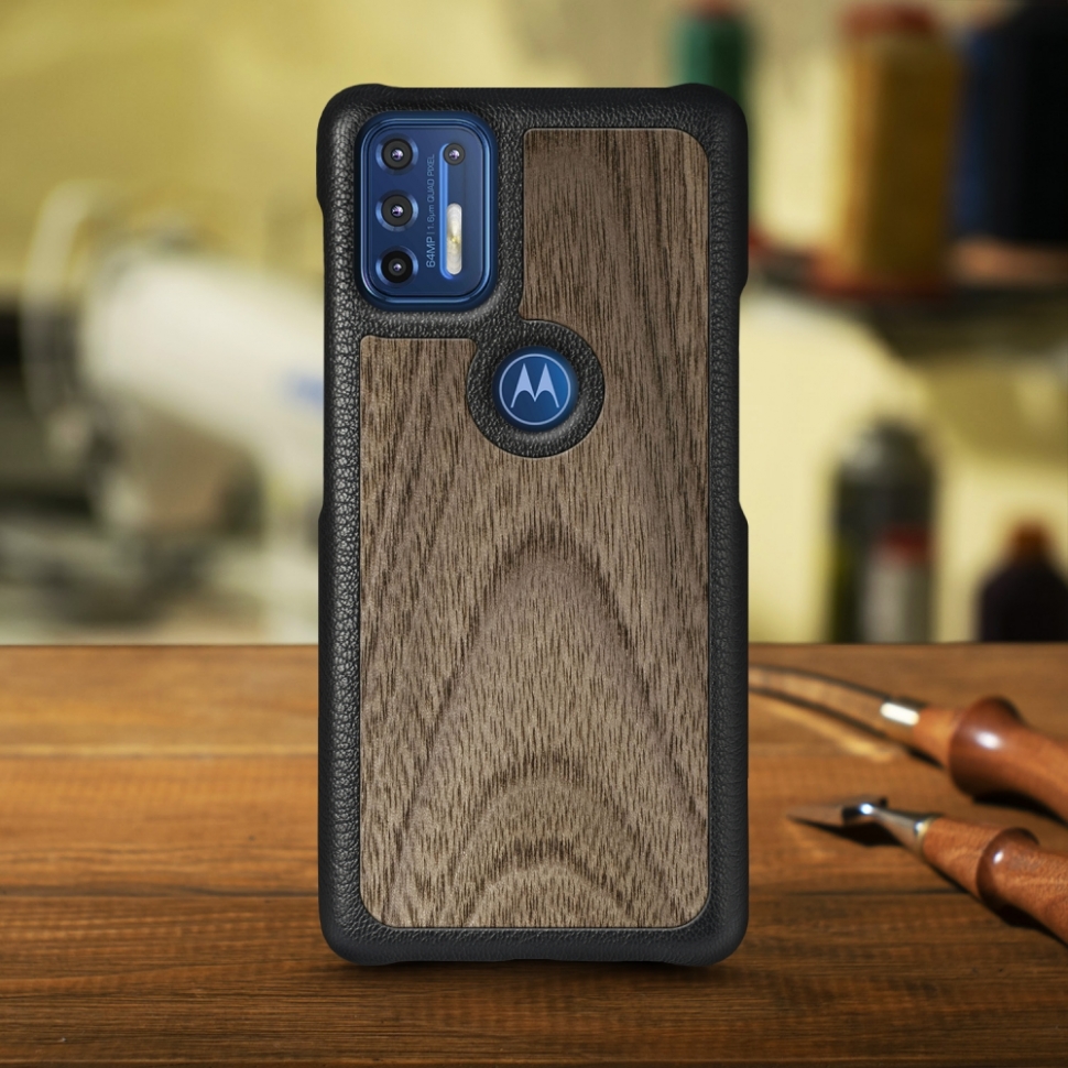 

Кожаная накладка Stenk WoodBacker для Motorola Moto G9 Plus Чёрная