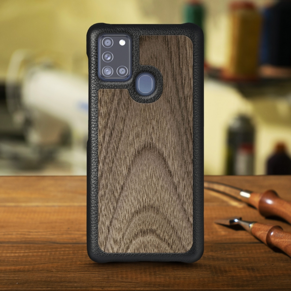 

Кожаная накладка Stenk WoodBacker для Samsung Galaxy A21s Чёрная