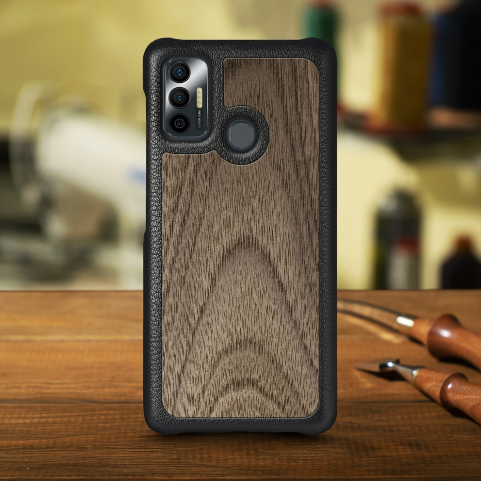 

Кожаная накладка Stenk WoodBacker для TECNO Spark 7 Чёрная