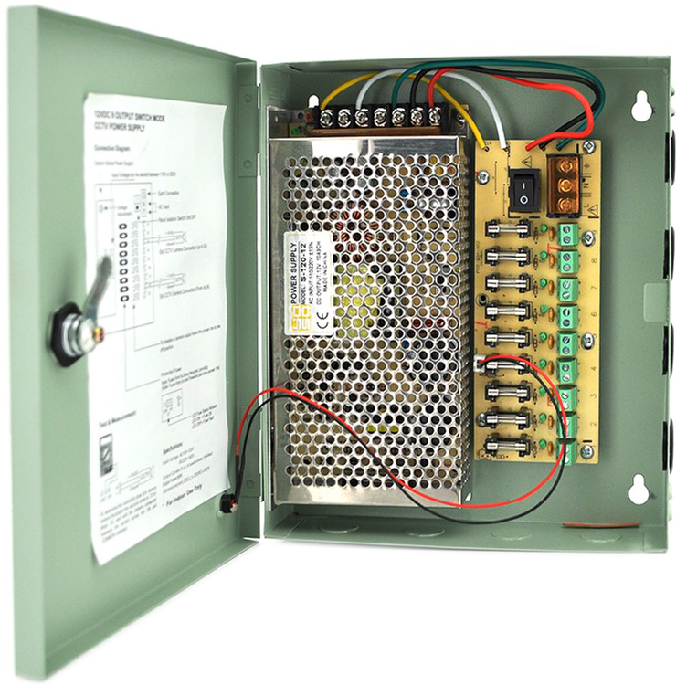 

Импульсный блок питания Voltronic 12V-10A/9CH в боксе с замком перфорированный, 9-ти канальный