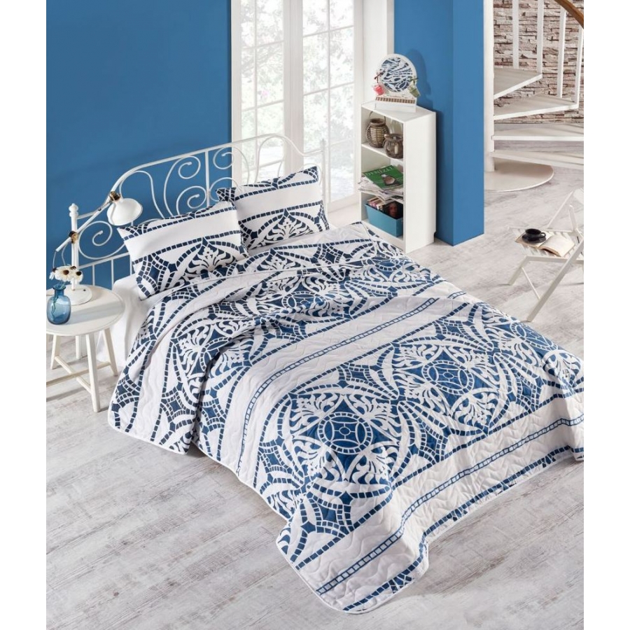 

Покрывало стеганное с наволочками Eponj Home Marble lacivert синий 200*220 (svt-2000022233965)