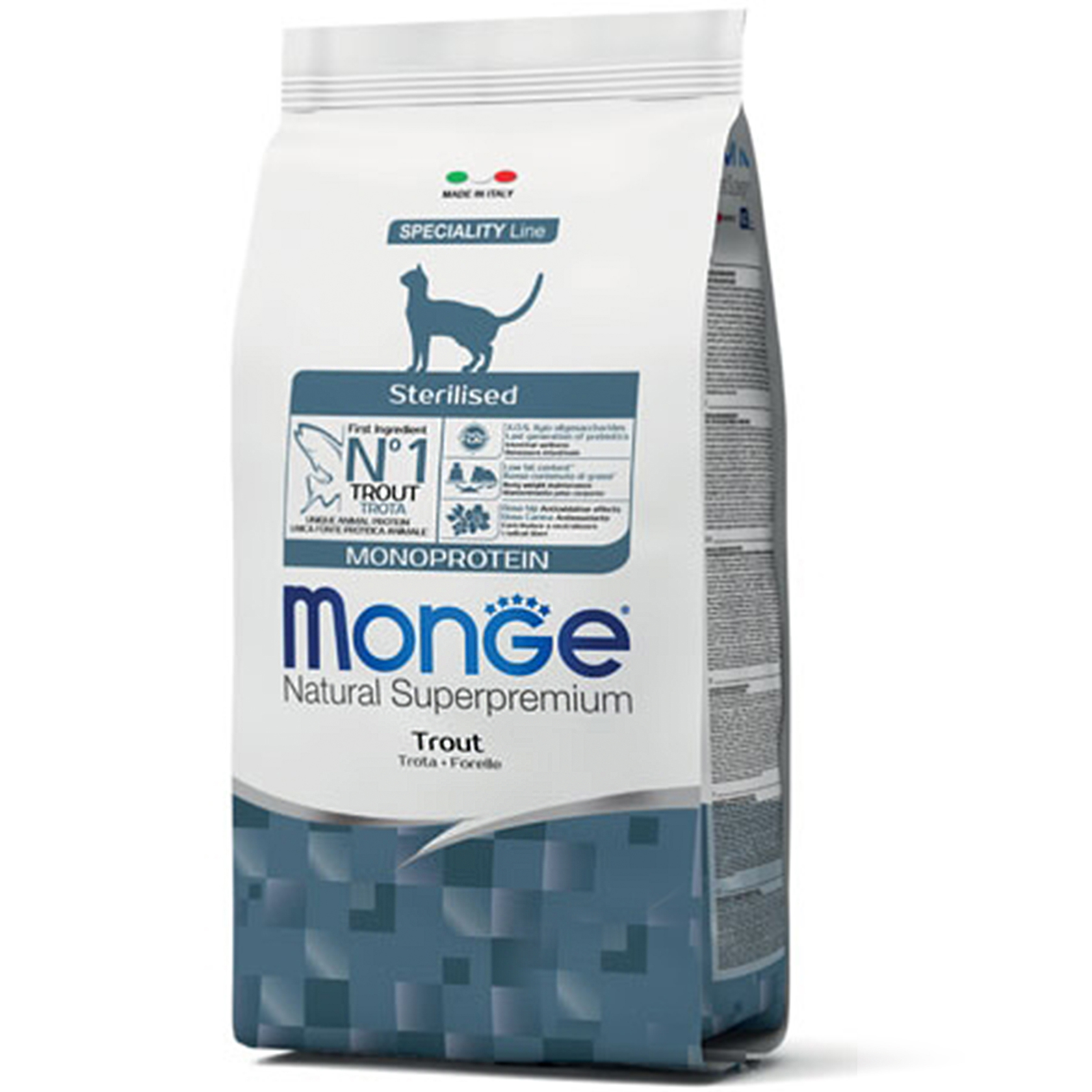 

Корм для стерилизованных кошек Monge CAT MONOPROTEIN Sterilised с форелью 10 кг