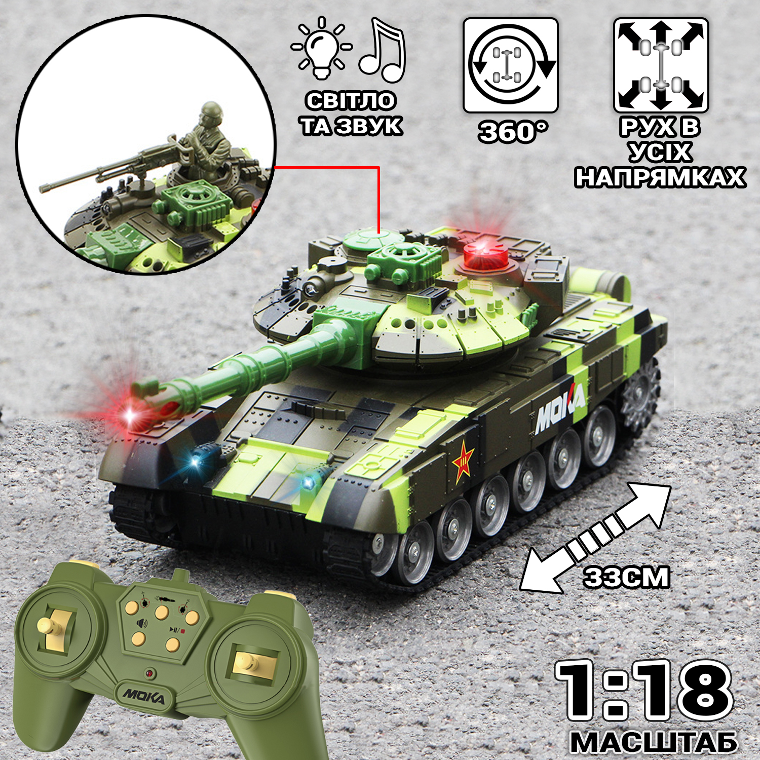 

Танк на радиоуправлении A-Toys Moka, аккумулятор 3.7V, звуки выстрелов и мотора, свет, подвижная башня, фигурка военного, масштаб 1:18 Хаки