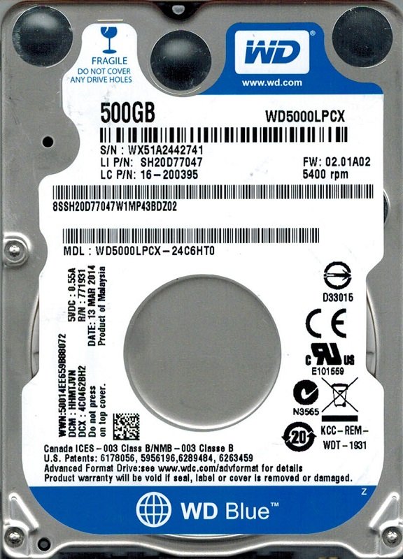 

Жесткий диск WD 2.5" SATA 3.0 0.5TB 5400 16MB Blue 7mm