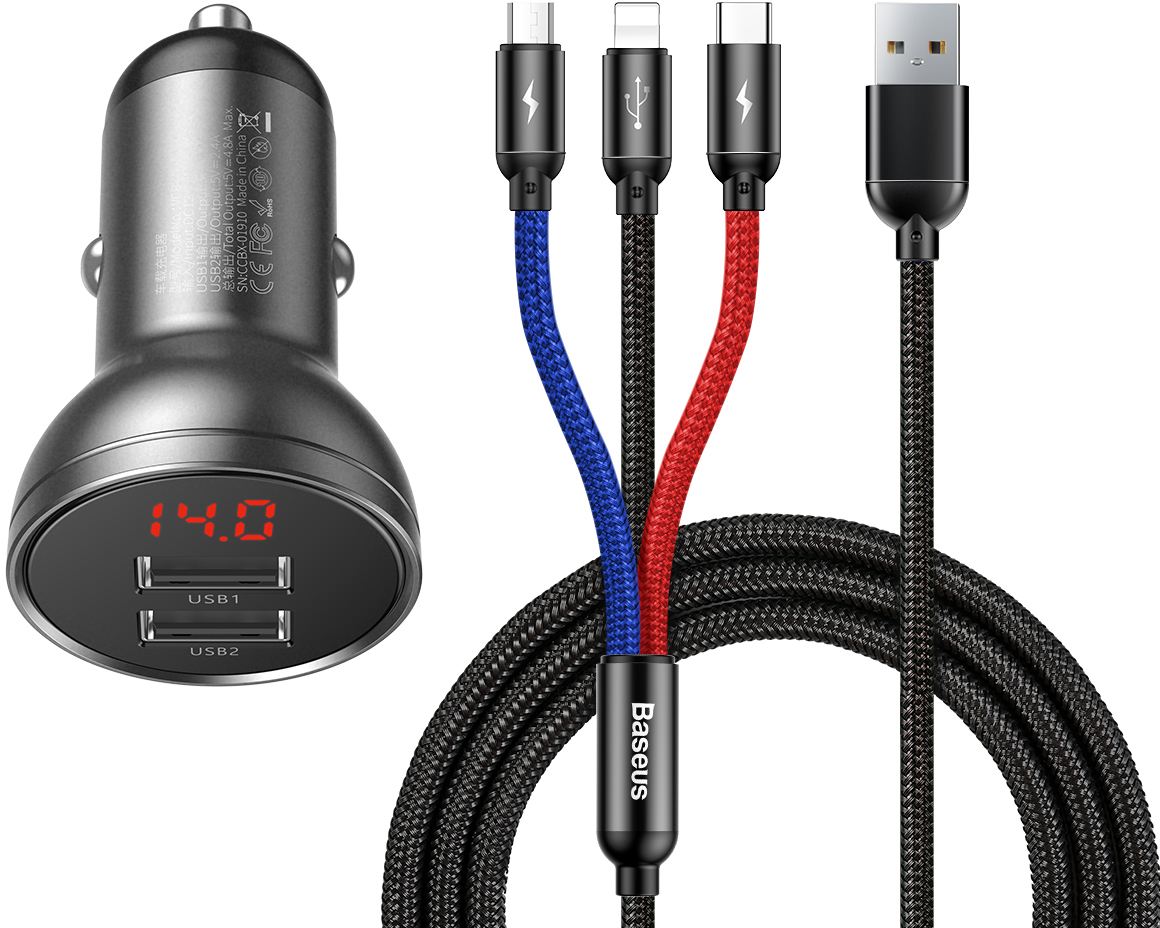 

Автомобильное зарядное устройство Baseus Digital Display Dual USB 4.8A 24W with Three Primary Colors 3-in-1 Gray (TZCCBX-0G)