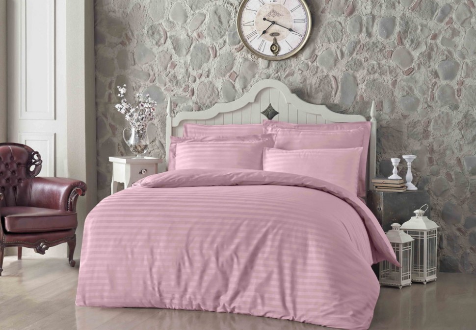 

Постельный комплект жаккардовый в полоску Altinbasak Always Pembe евро m013088
