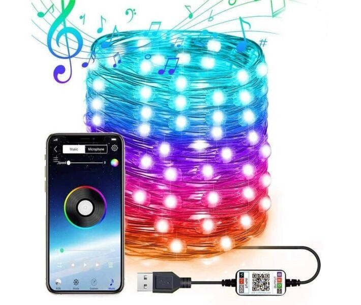 

Новогодняя умная светодиодная гирлянда, 10М с управлением через Bluetooth Sync to mucic
