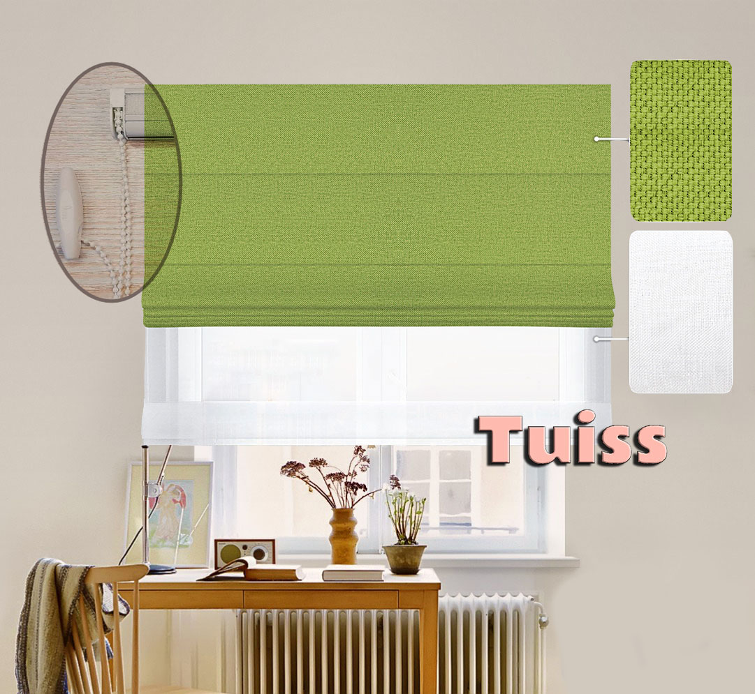 

Двойная римская штора День-Ночь ТВИН Lux Coullise InHt Рогожка Dimout 32 Травяной + Тюль Лён/Тюль Air Белоснежный 160х170 см