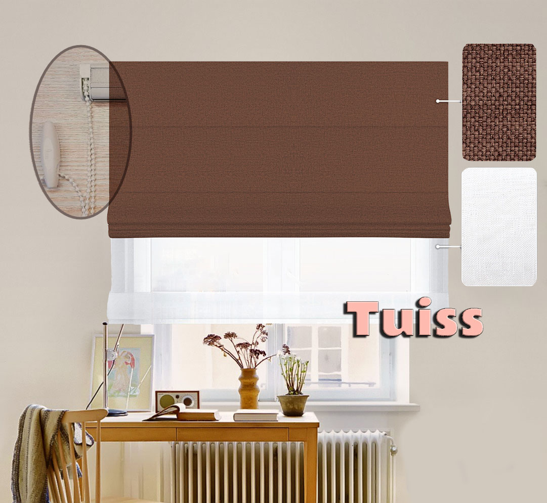 

Двойная римская штора День-Ночь ТВИН Lux Coullise InHt Рогожка Dimout 9 Орех + Тюль Лён/Тюль Air Белоснежный 220х170 см