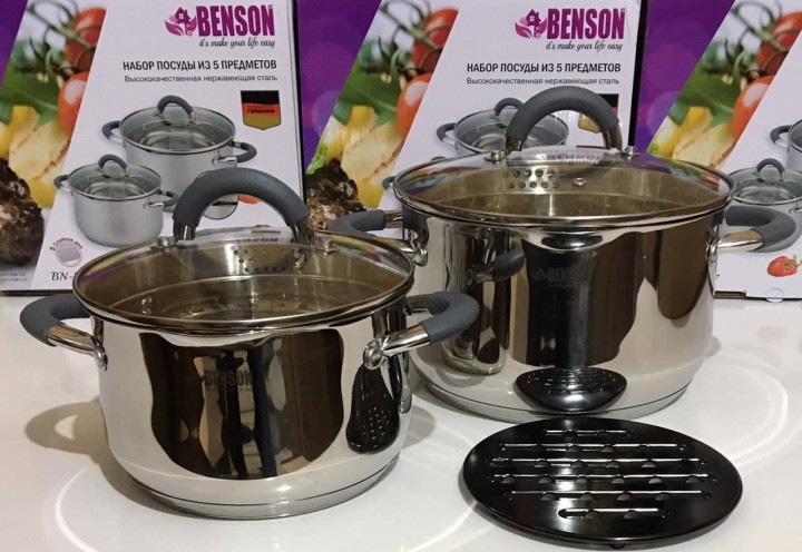 

Набор кастрюль из нержавеющей стали с крышками и подставкой Benson BN-241 7 предметов Steel