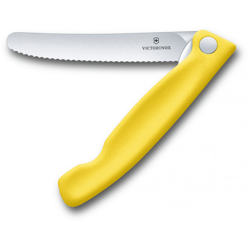 

Кухонный нож Victorinox SwissClassic Foldable Paring 11см закругл.нос, волн. с желт. ручкой (блистер)