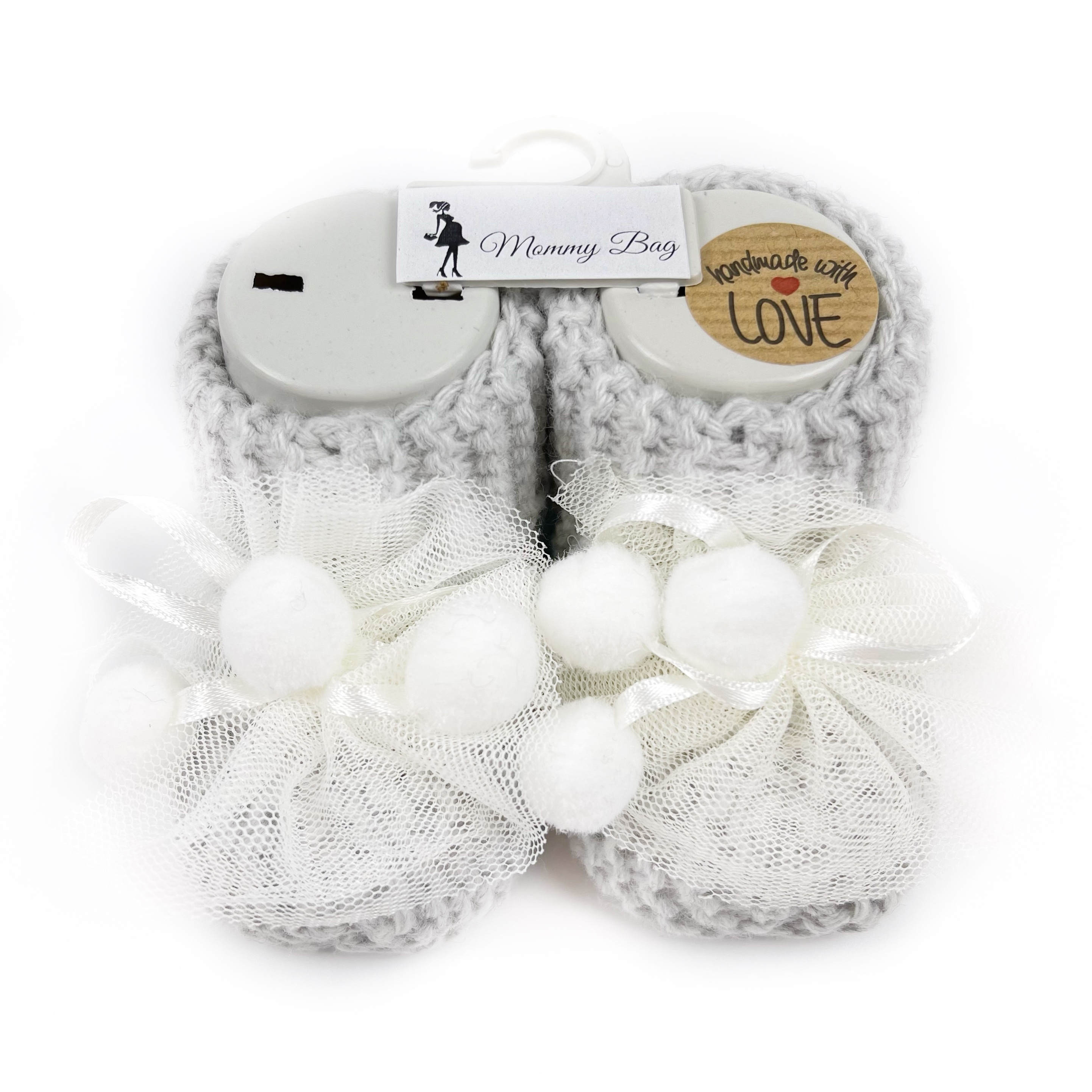 

Пинетки-топики для новорожденных 0-12 мес Серые с бумбонами