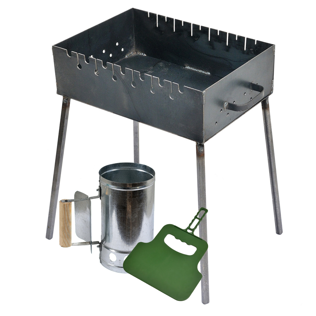 

Мангал 3 мм на 7 шампуров 450х320х130 мм со съёмными ножками Стационарный + Стартер + Махалка