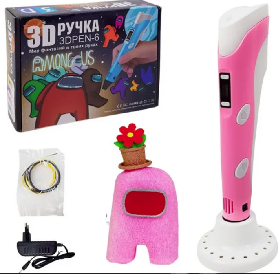 

3Д Ручка 3D PEN-6 AMONG US L9910 для Рисования с Пластиком и Трафаретами Розовая