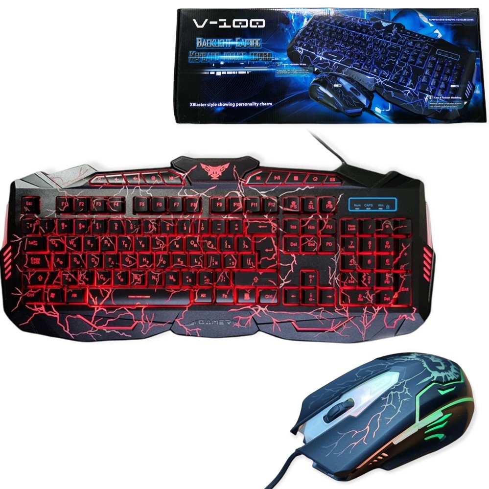 

Игровая клавиатура V-100 + мышка с подсветкой молнии проводная геймерский набор клавиатуры и мыши