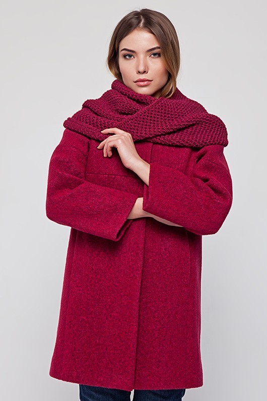 

Зимнее пальто Ирэн с шарфом бордо 48