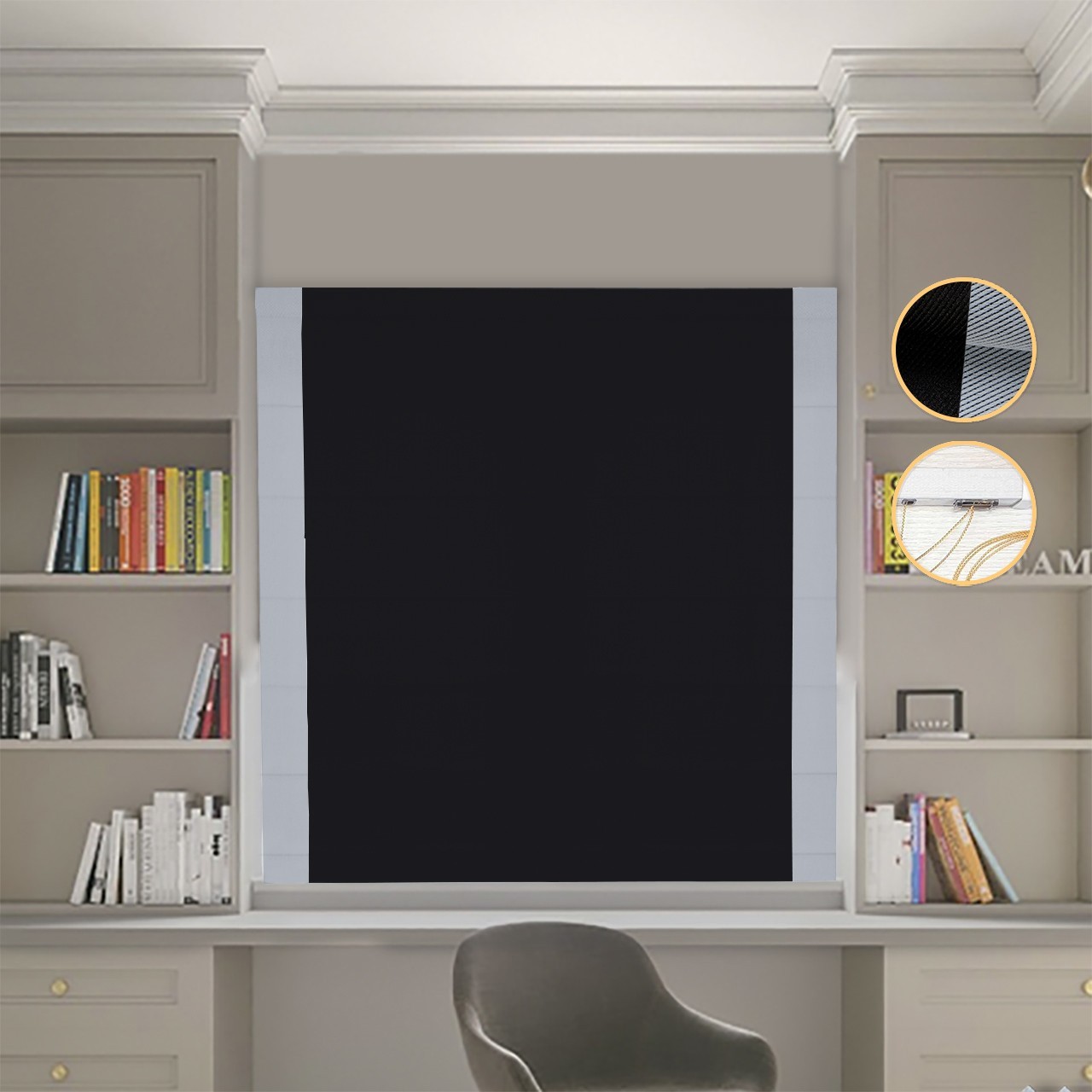 

Римские шторы DECOLIV Блэкаут Перфект черный с светло-серыми кантами по бокам 90*170 см