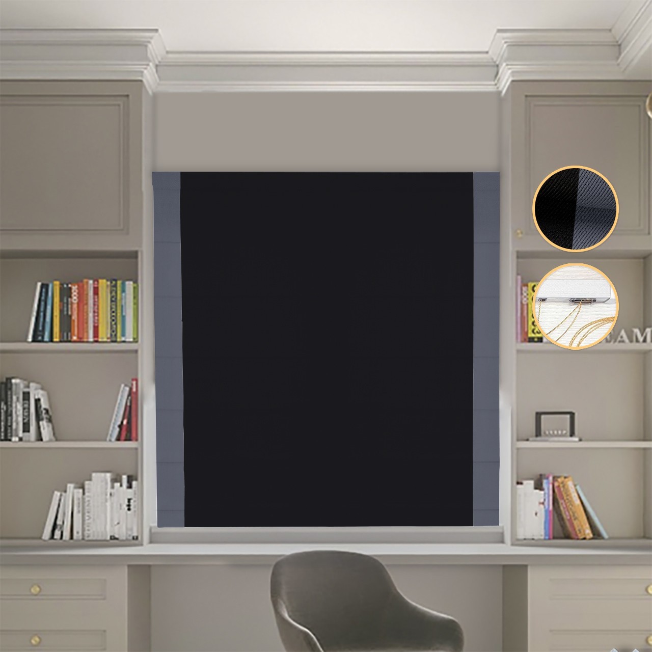 

Римские шторы DECOLIV Блэкаут Перфект черный с графитовыми кантами по бокам 270*170 см