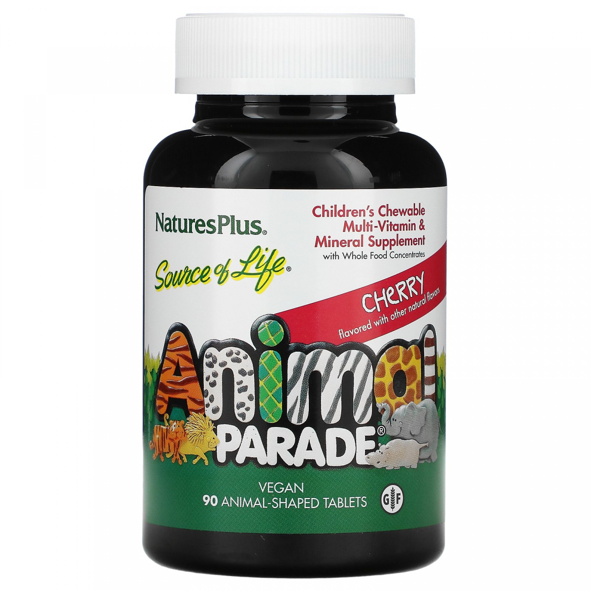 

Детские жевательные мультивитамины, вкус вишни, Source of Life, Animal Parade, Natures Plus, 90 жевательных таблеток