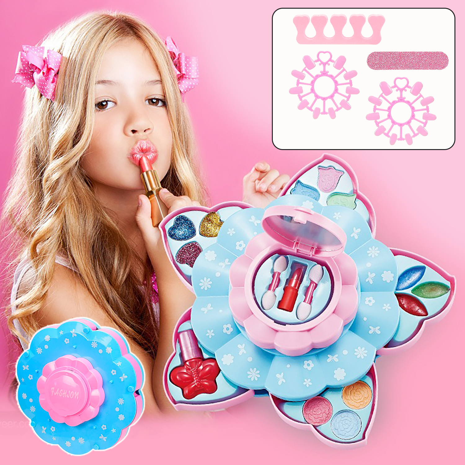 

Гипоаллергенная детская косметика для девочки M-Toys: тени, блестки, лак для ногтей, помада в шкатулке с зеркалом для макияжа Голубой