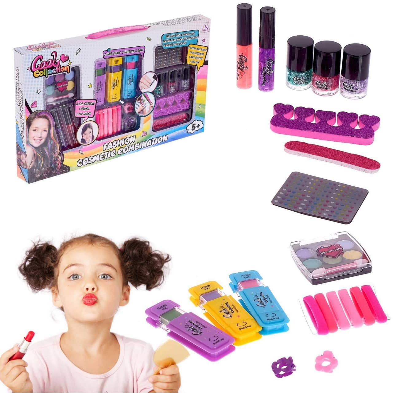

Набор детской косметики Makeup Toys: 3 мелка для волос, 3 лака для ногтей, 6 теней, 2 блеска для губ, 6 резинок для волос, наклейки на ногти