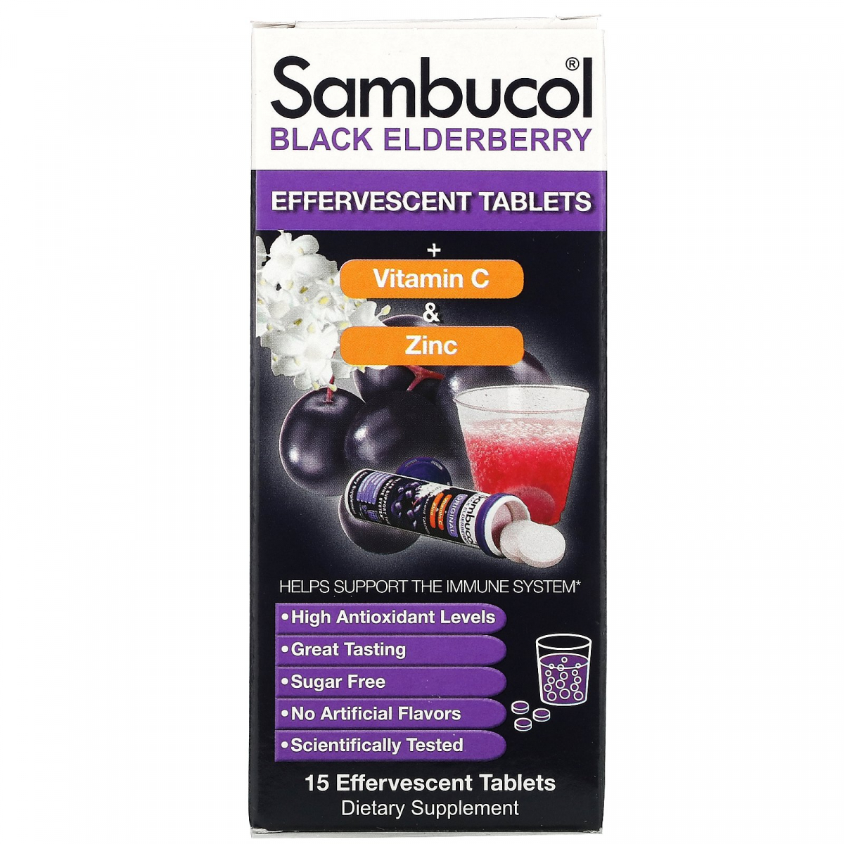 

Черная бузина с витамином С и цинком Sambucol (Black Elderberry + Vitamin C & Zinc) 15 шипучих таблеток