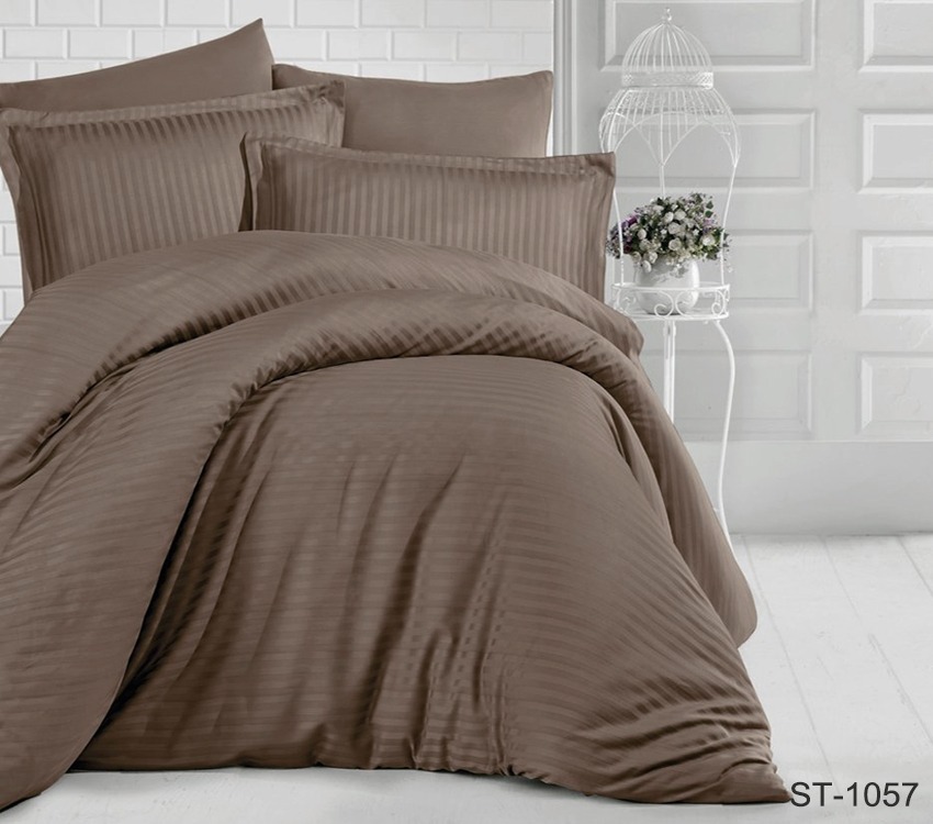 

Постельное белье кофейное страйп-сатин Tag tekstil Luxury ST-1057 Двуспальный