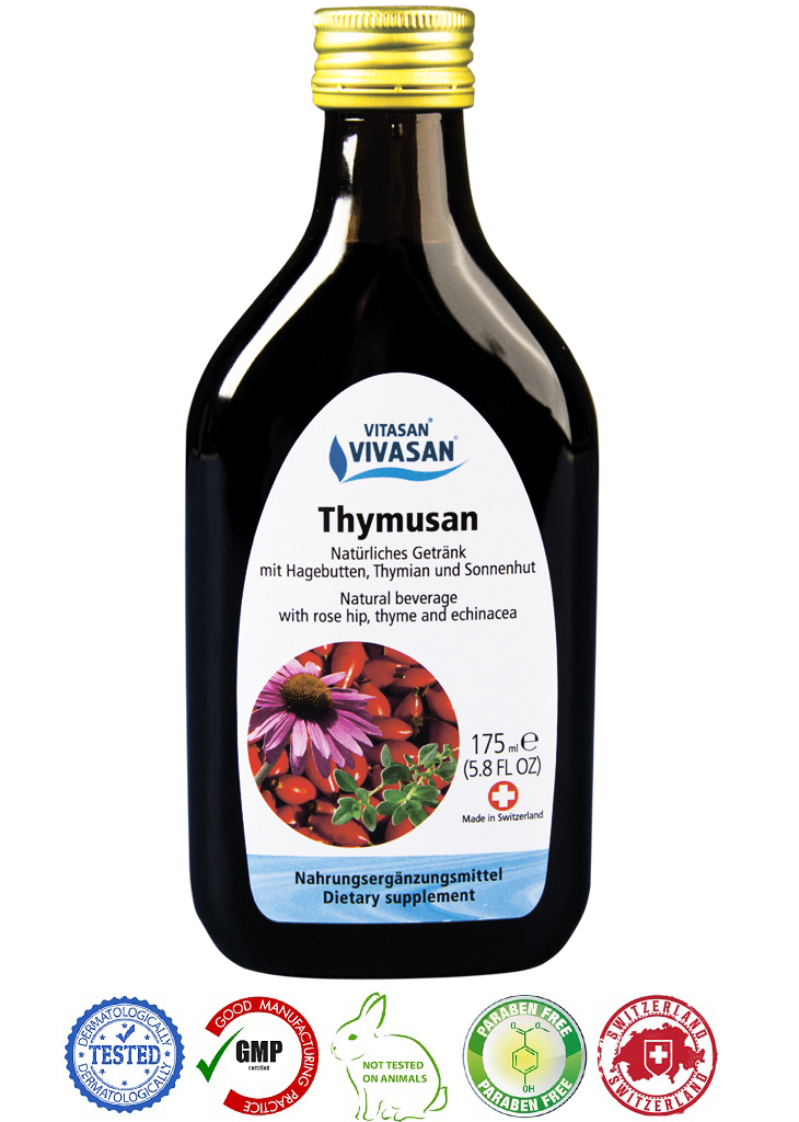 

Натуральный швейцарский антиоксидантный Напиток Тимусан/Thymusan VIVASAN Original 175 мл GMP Sertified укрепляющий напиток с витамином С Not tested on animals 0011