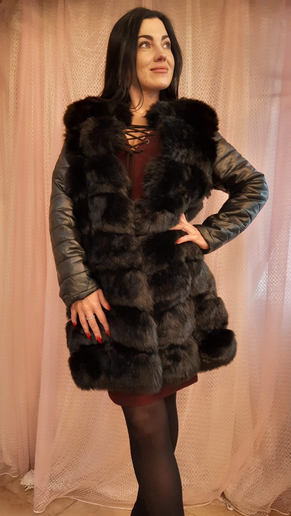 

Длинная меховая жилетка c рукавами из ЭКО кожи Fanpuguizhen Milanka 54 (5XL) Чёрная