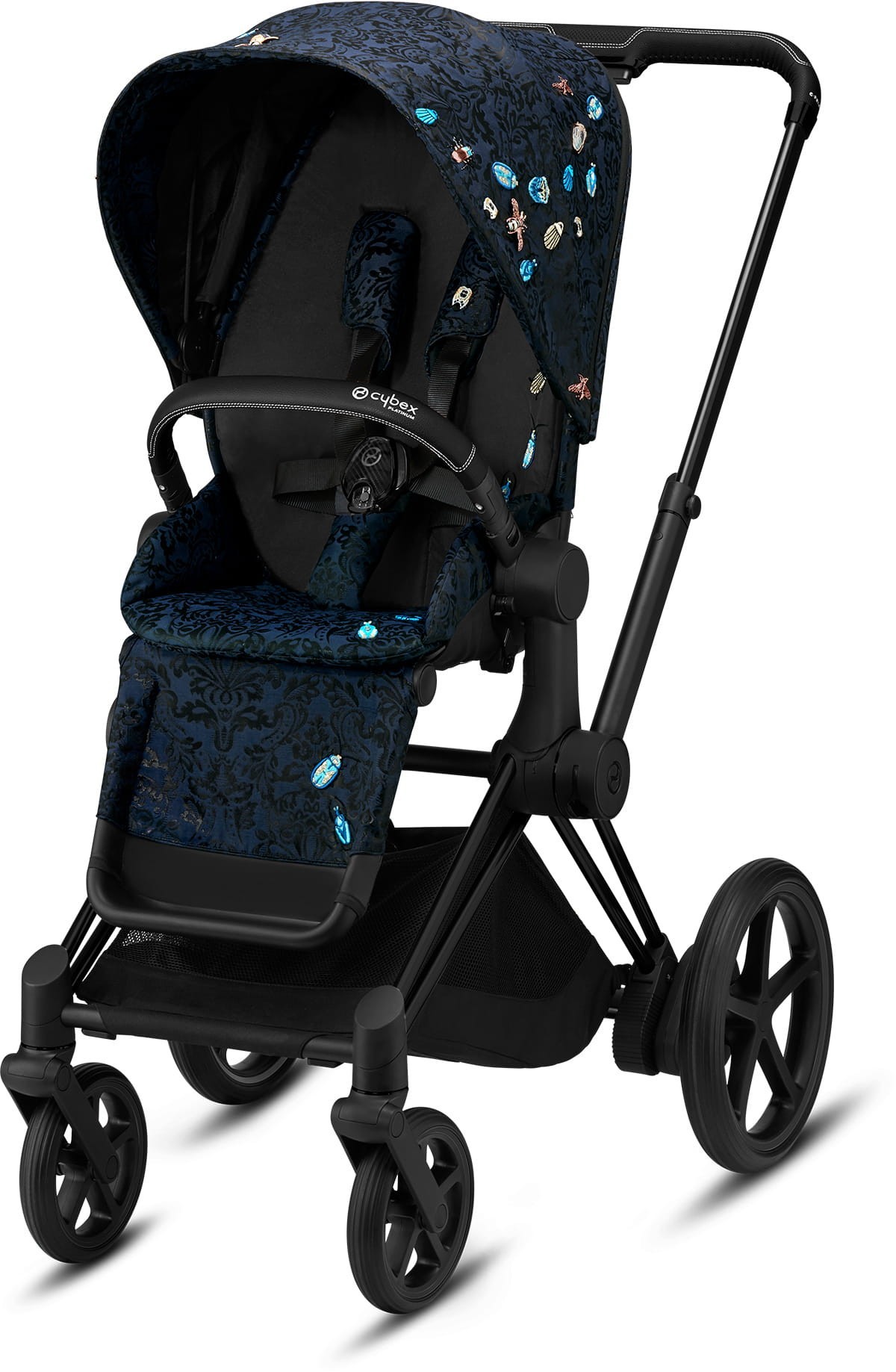 

Прогулочная коляска Cybex e-Priam Fashion Edition Jewels of Nature dark blue шасси Matt Black