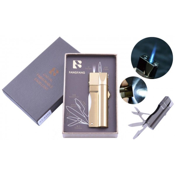 

Зажигалка подарочная (Острое пламя, нож, фонарик) 4443 Gold