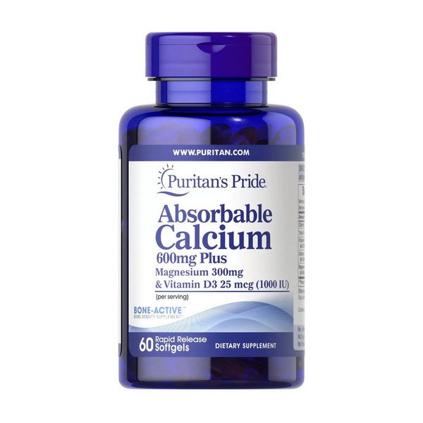 

Puritan's Pride Absorbable Calcium 600 mg Plus Magnesium 300 mg & Vitamin D3 25 mcg 60 капсул