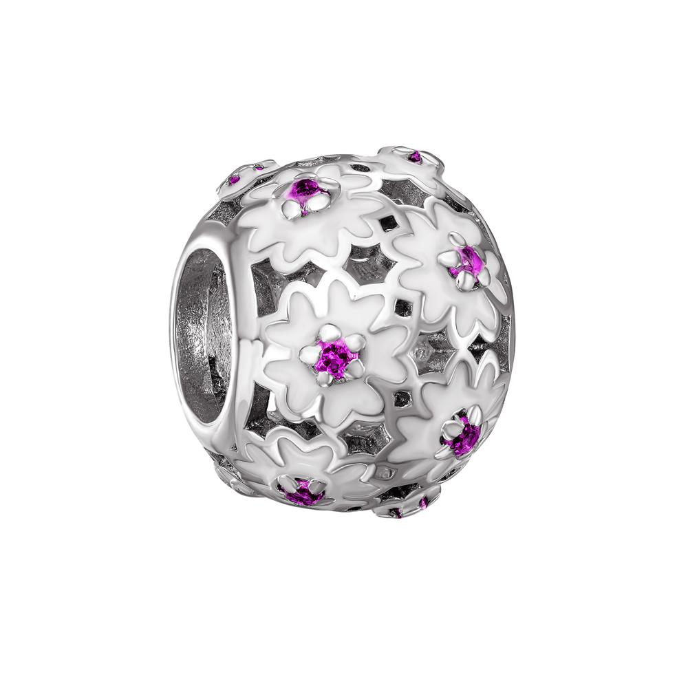 

Серебряный шарм с розовыми фианитами, белой эмалью и родированием 000130924 без размера