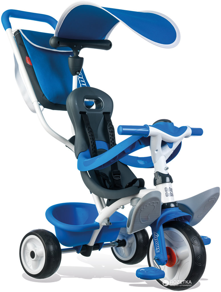 

Велосипед трехколесный Smoby с козырьком, багажником и сумкой Baby Balade Синий (741102)