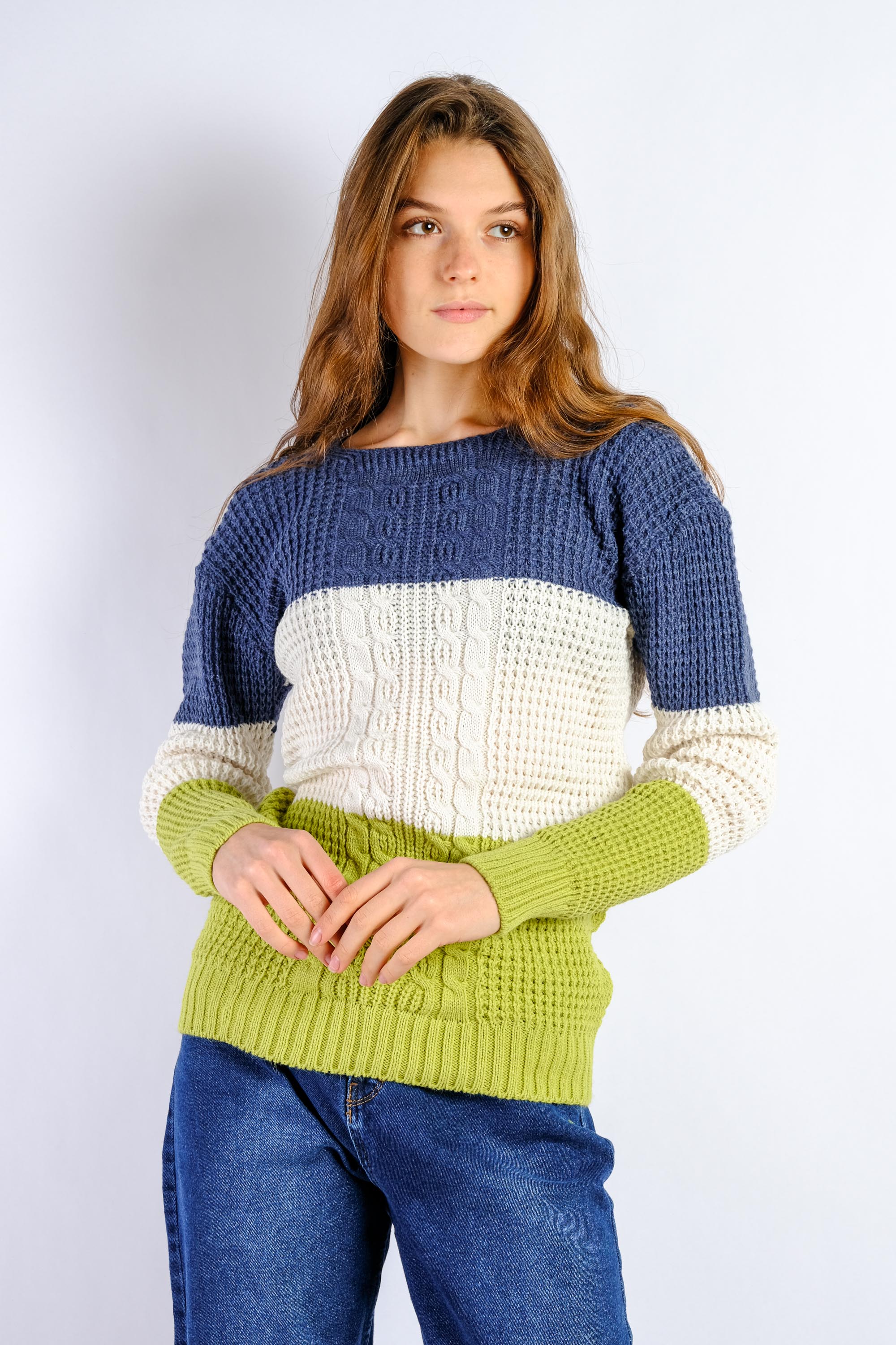 

Свитер женский Time of Style 85F514-5  Джинс/салатовый, Свитер женский Time of Style 85F514-5 One size Джинс/салатовый