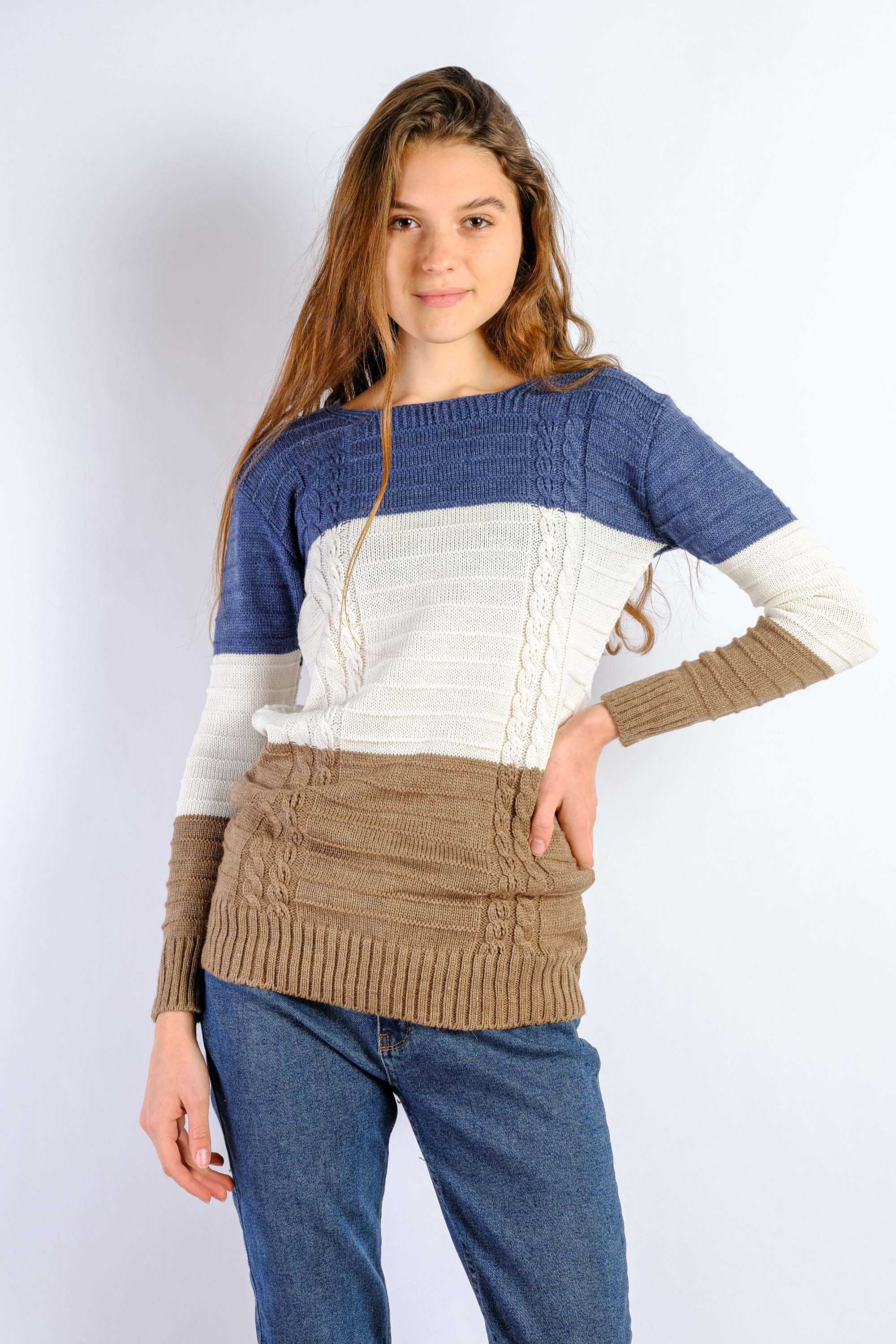 

Свитер женский Time of Style 85F518-4  Джинс/коричневый, Свитер женский Time of Style 85F518-4 One size Джинс/коричневый