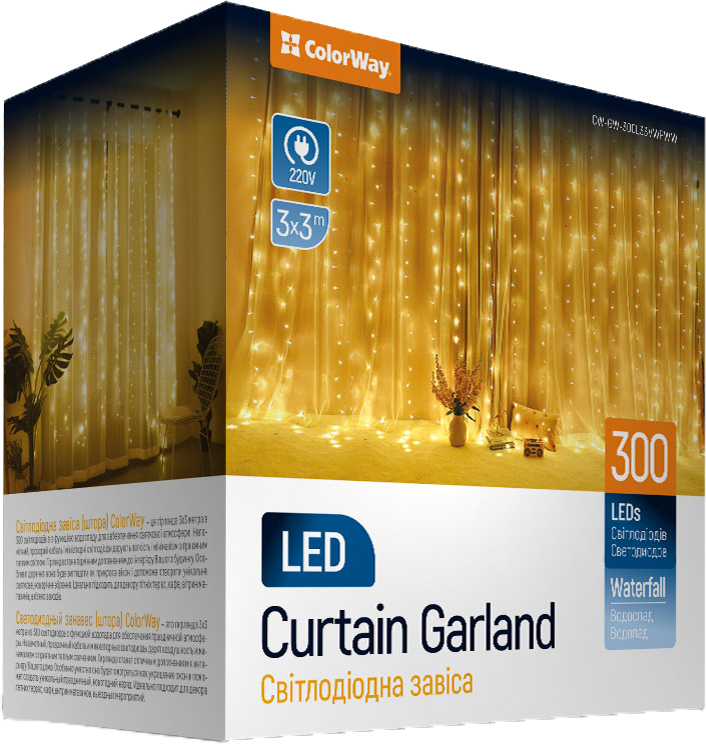 

Светодиодная гирлянда СolorWay штора-занавес (водопад) 300 LED 3 x 3 м 220 В Теплый белый (CW-GW-300L33VWFWW)