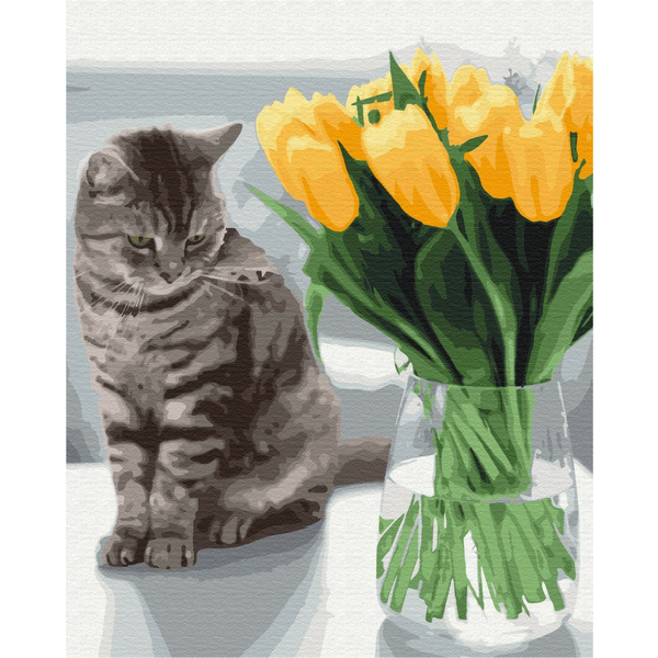 

Картина по номерам / анти-стресс раскраска Brushme Котик с тюльпанами (BS52638)