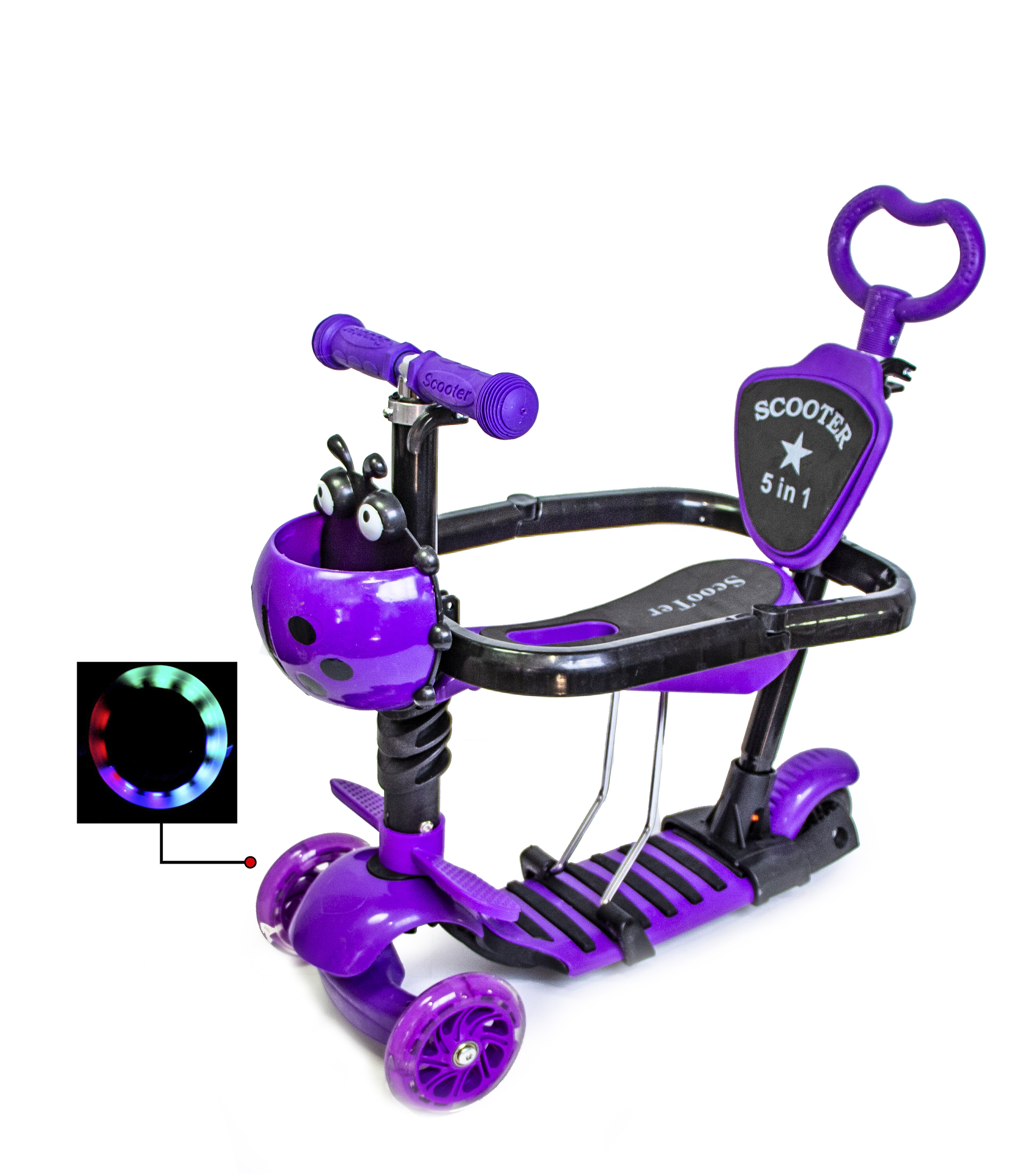 

Самокаты с сидением и родительской ручкой Scale Sport 5IN1 "БОЖЬЯ КОРОВКА" VIOLET С БОРТИКОМ.