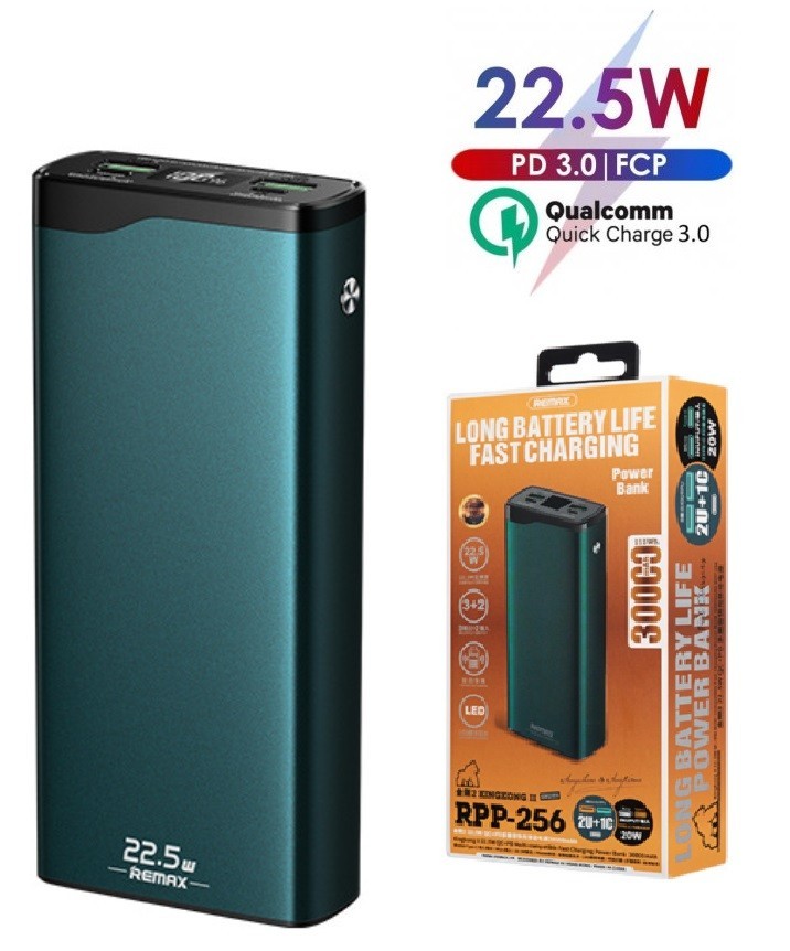 

Павербанк Remax 30000 mAh 22.5W Quick Charge LED Power Bank |2xUSB/1xType-C, PD/QC, 20W, 3A для Android/iOS Green