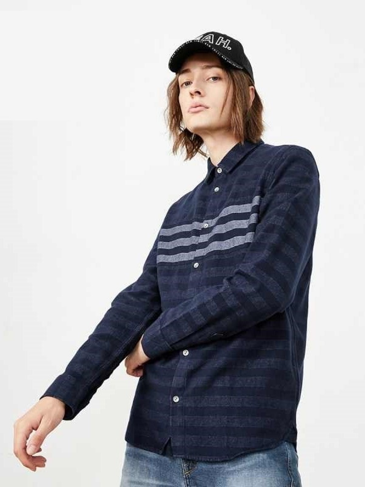 

Мужская рубашка с длинным рукавом в полоску Jack & Jones 218405519 S Синий